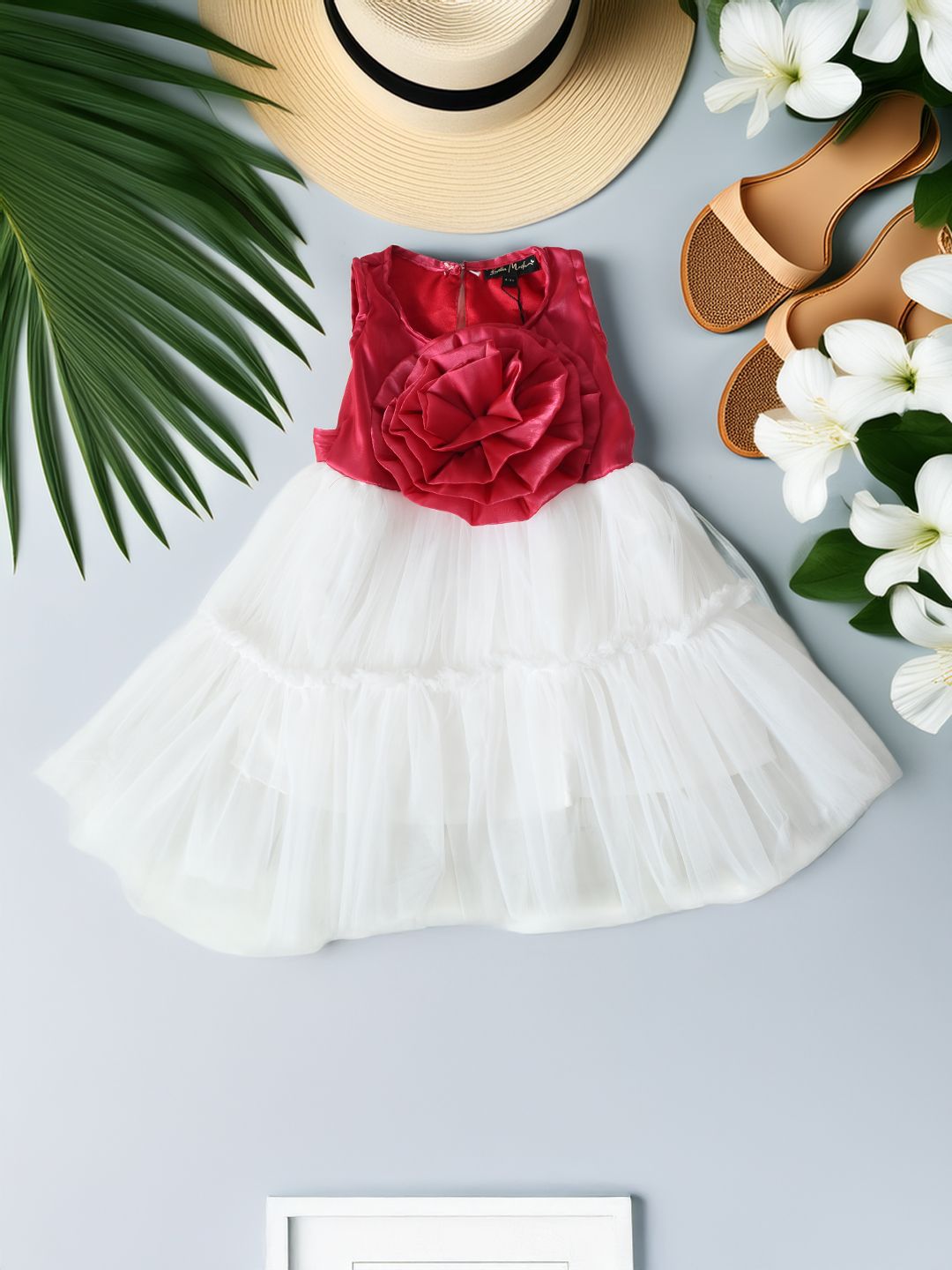 Bella Moda Girls Net Woven Front Rose Designed Sequin Embellished Fit & Flare Dress