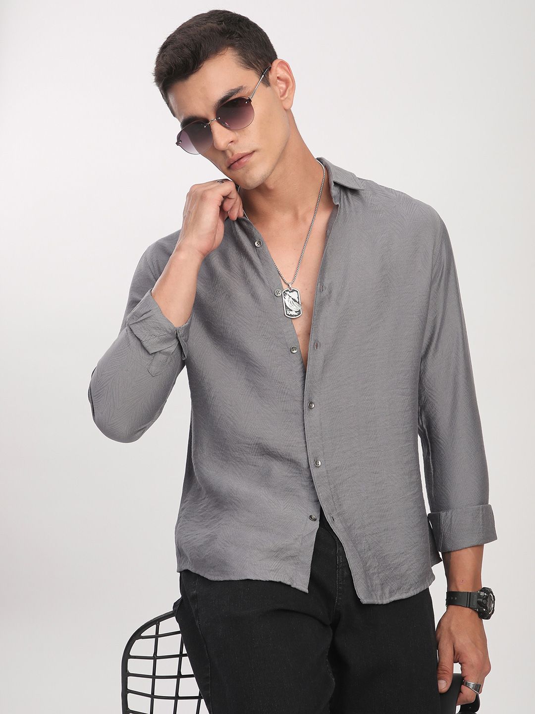 VASTRADO Men Classic Slim Fit Textured Spread Collar Casual Shirt