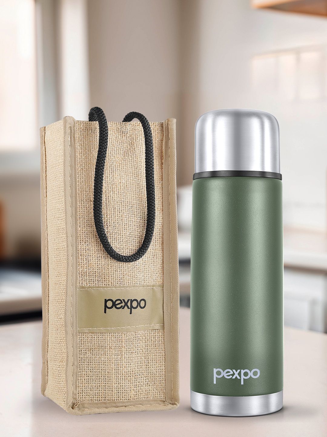 Pexpo Flamingo Green Solid Stainless Steel Spill Proof Flask - 500ml