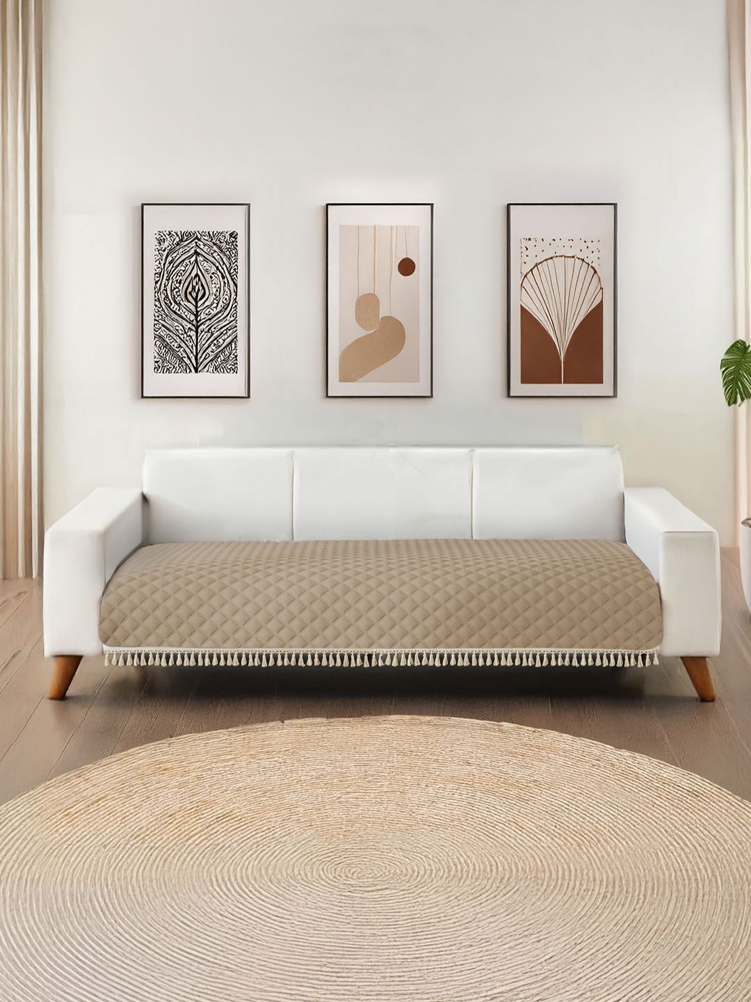 URBAN SPACE Brown Quilted Microfiber 2 Seater Sofa Cover with Tassels