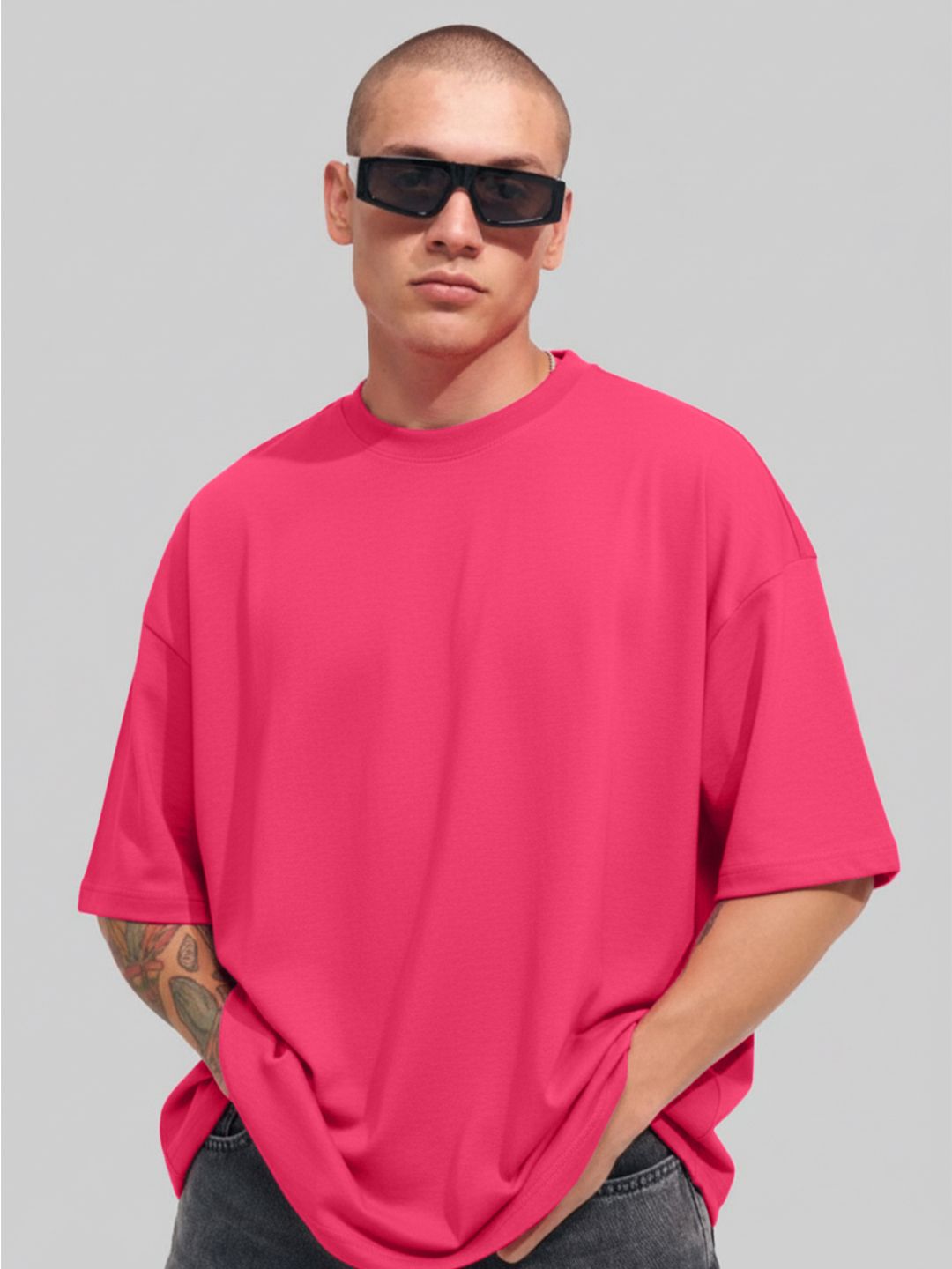 Leotude Men Solid Round Neck Cotton Oversized T-shirt