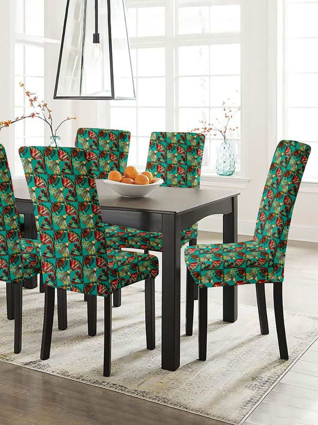 Lazi 200 GSM 6 Pieces Green Abstract Printed Stretchable Dining Chair Covers