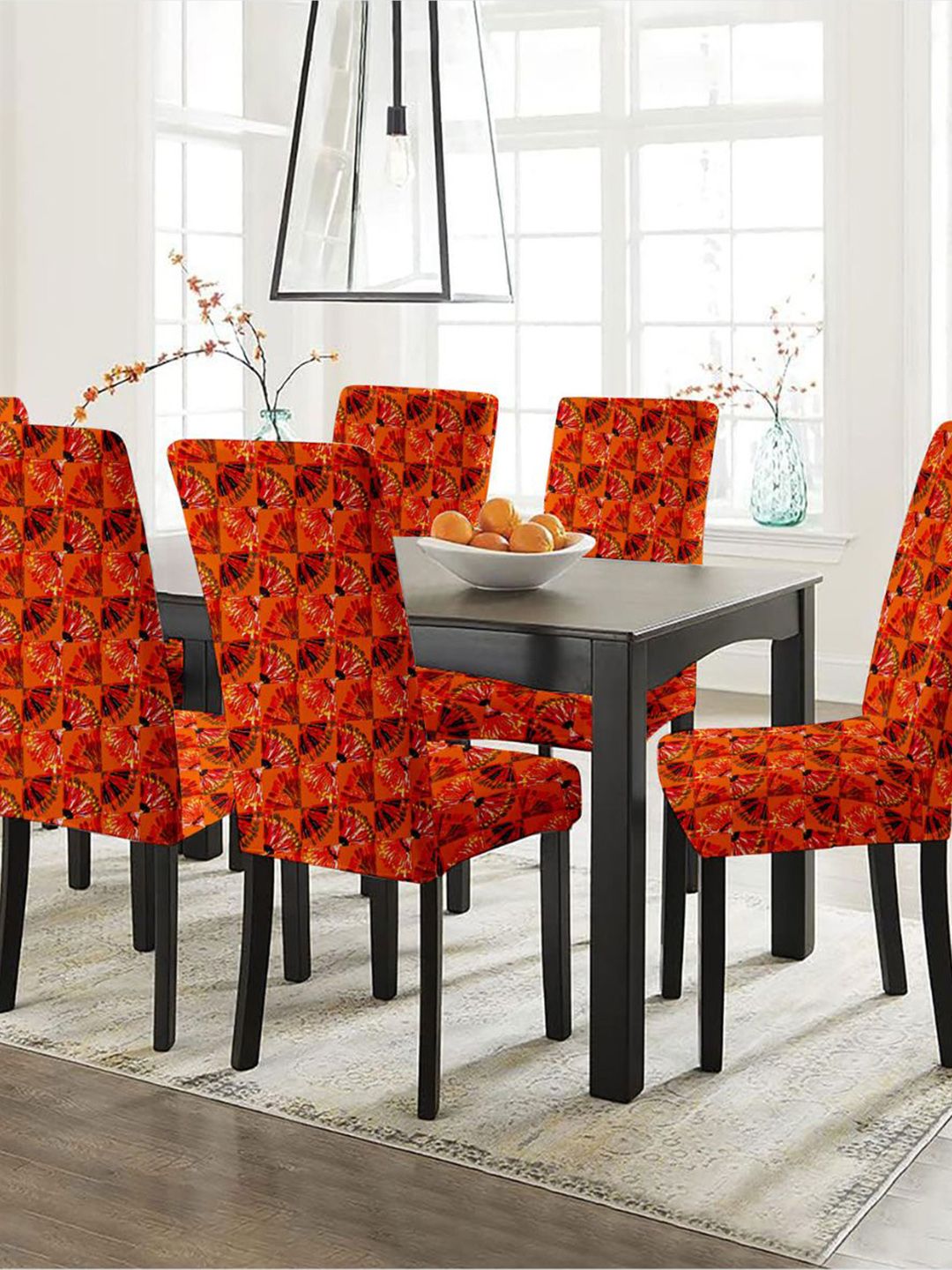 Lazi 200 GSM 6 Pieces Orange & White Printed Stretchable Dining Chair Covers