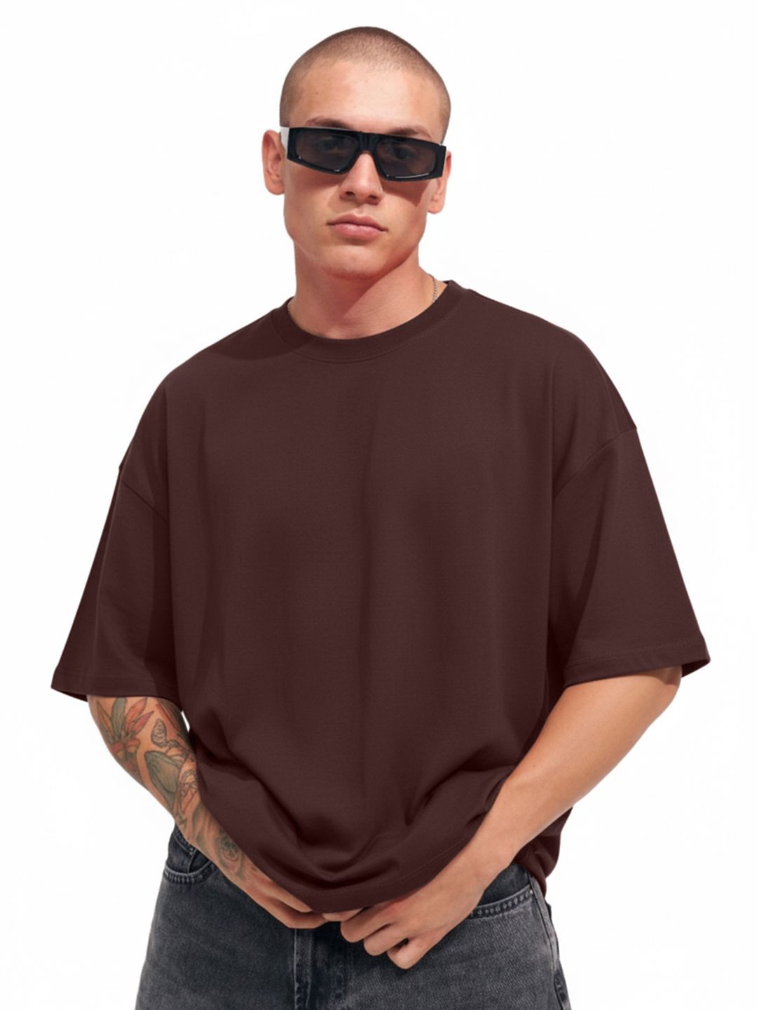 Leotude Men Solid Round Neck Cotton Oversized T-shirt