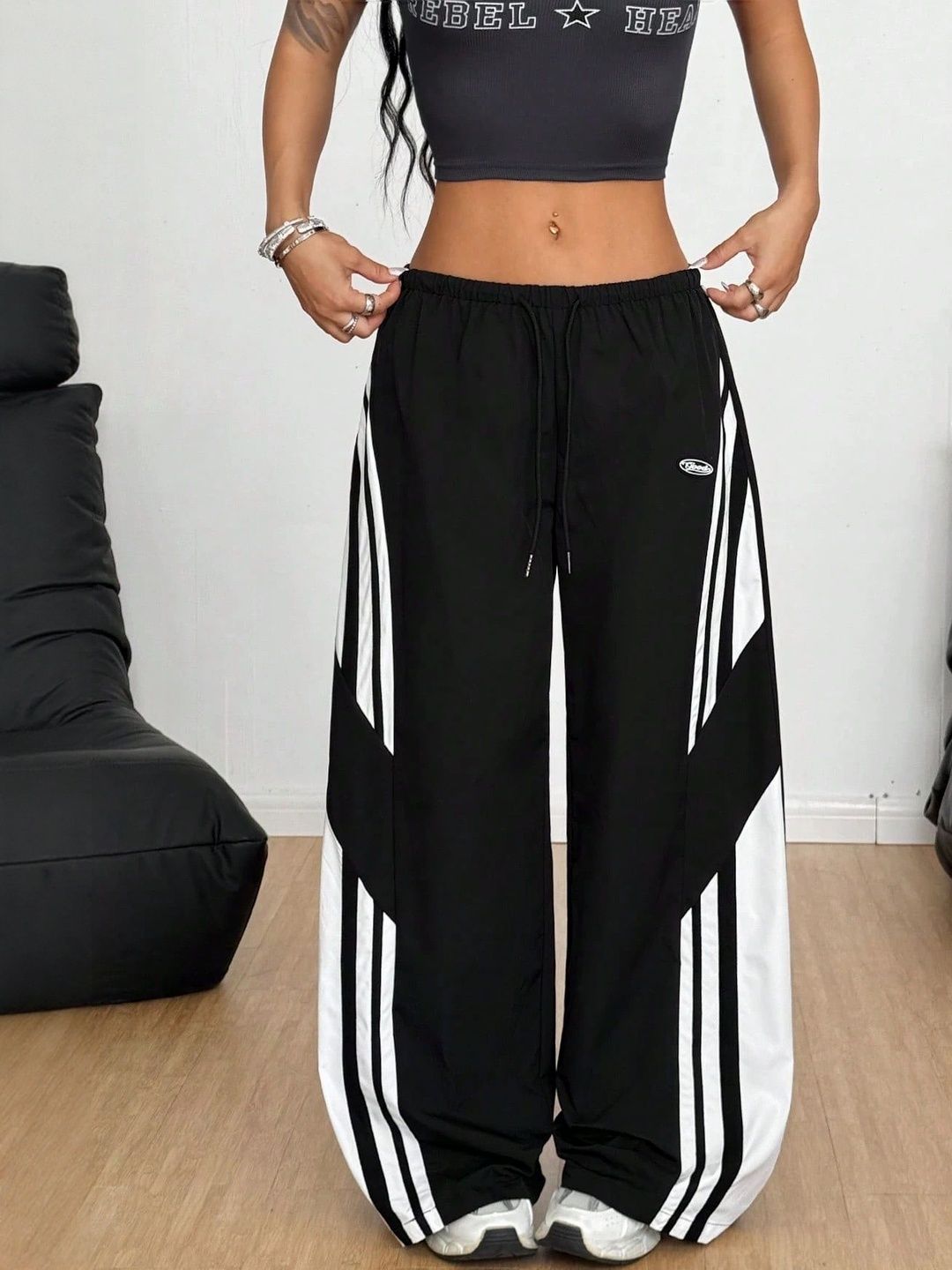 Moda Rapido Women Monochrome Colourblocked Striped Relaxed Loose Fit Easy Wash Trousers