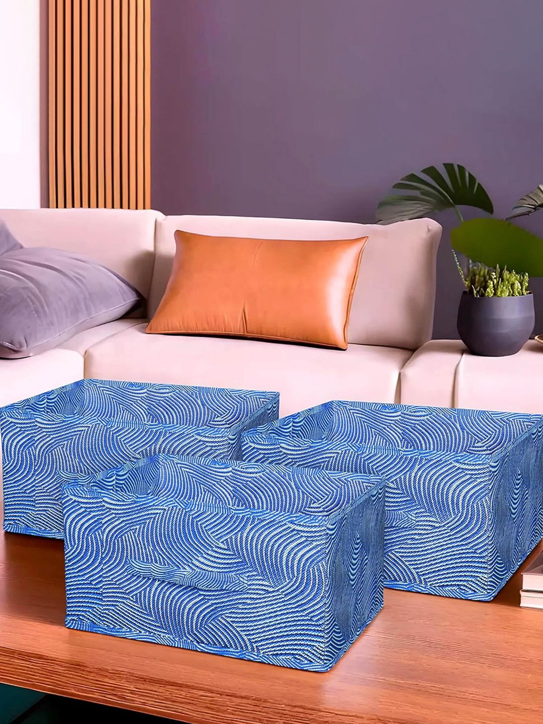 Kuber Industries Blue 3 Pieces Printed Foldable Storage Box
