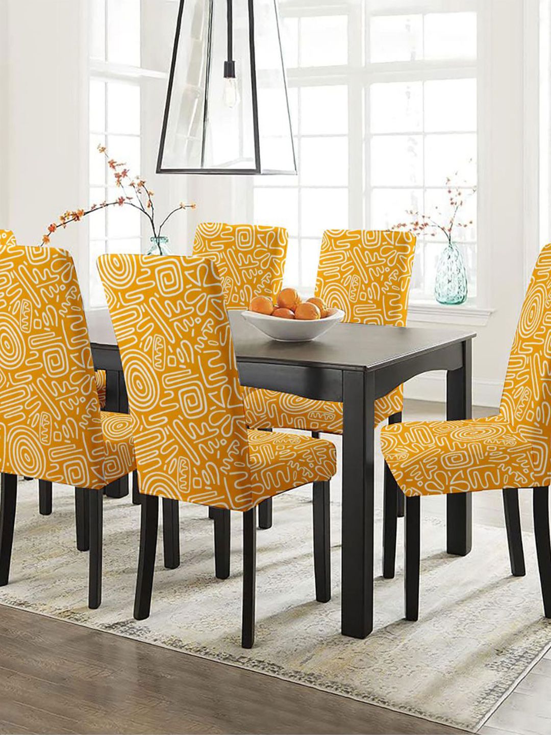 Lazi 200 GSM 6 Pieces Yellow & White Abstract Printed Stretchable Dining Chair Covers