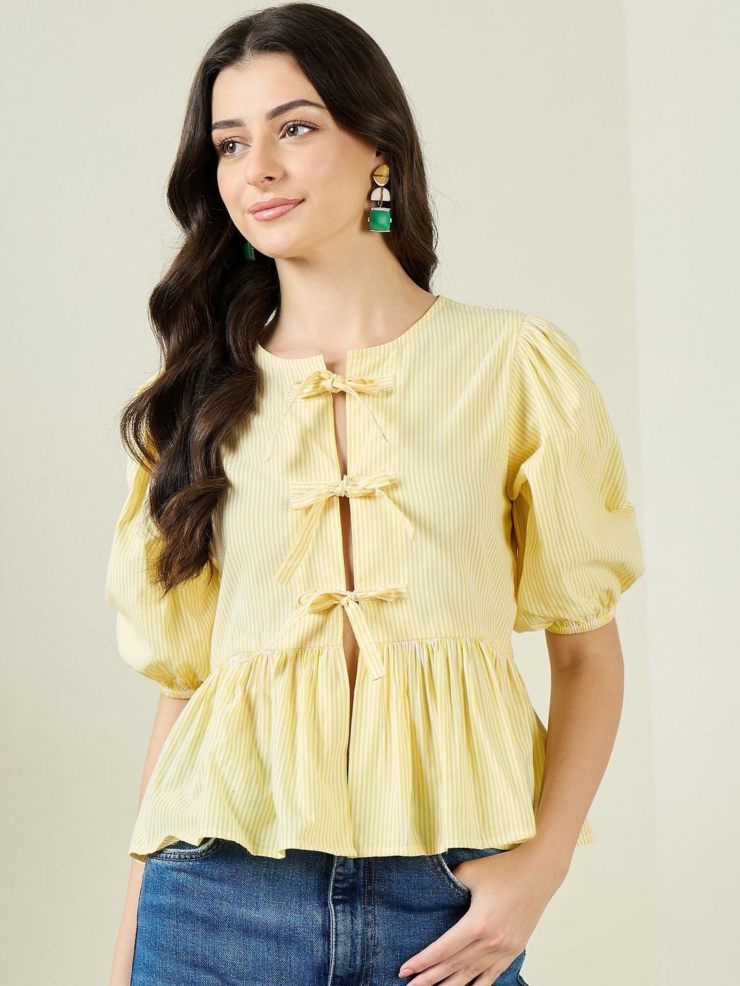 JUNE & HARRY JUNE & HARRY Women Striped Puff Sleeve Cotton Peplum Top