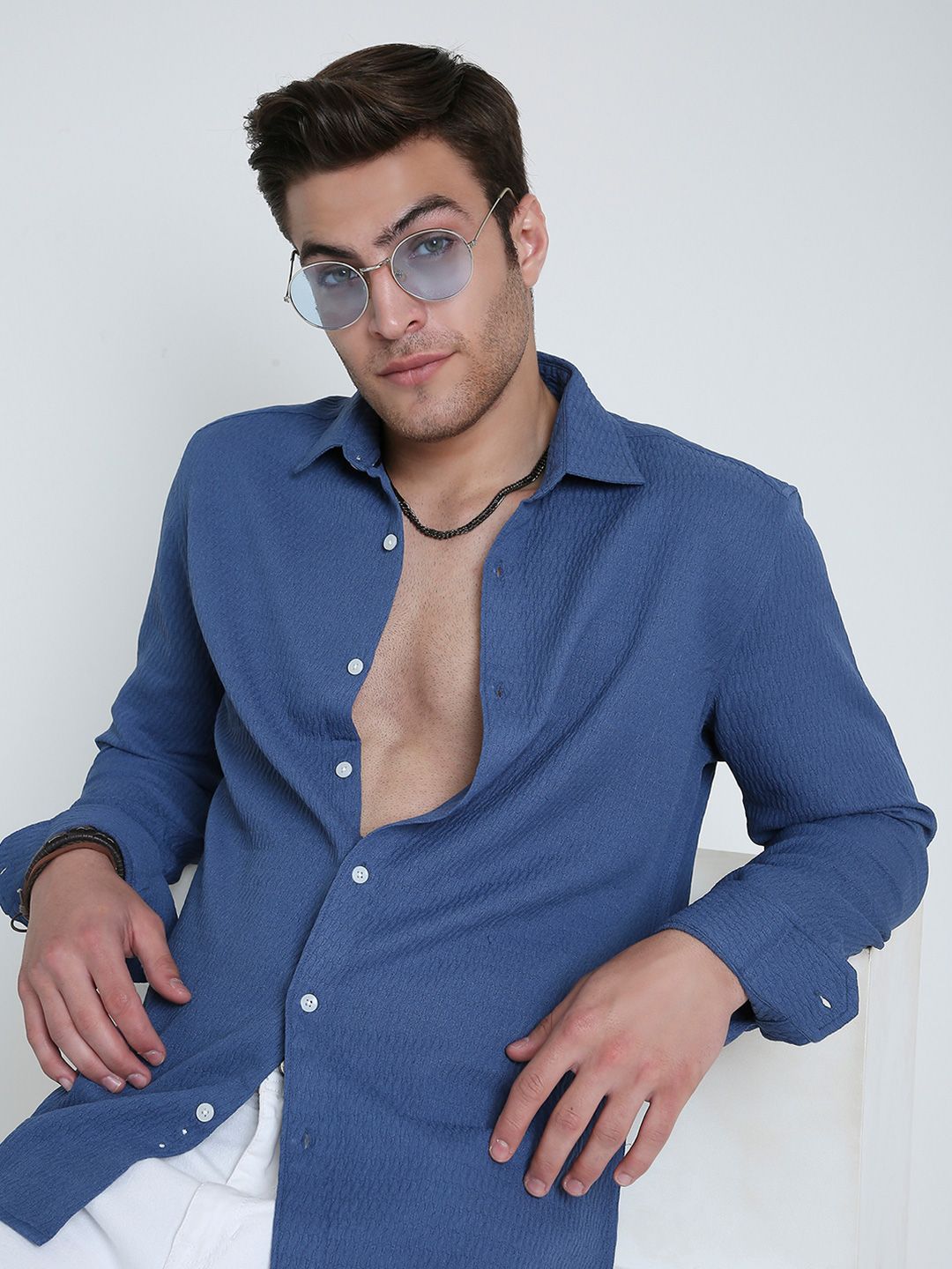 VASTRADO Men Classic Slim Fit Textured Spread Collar Casual Shirt
