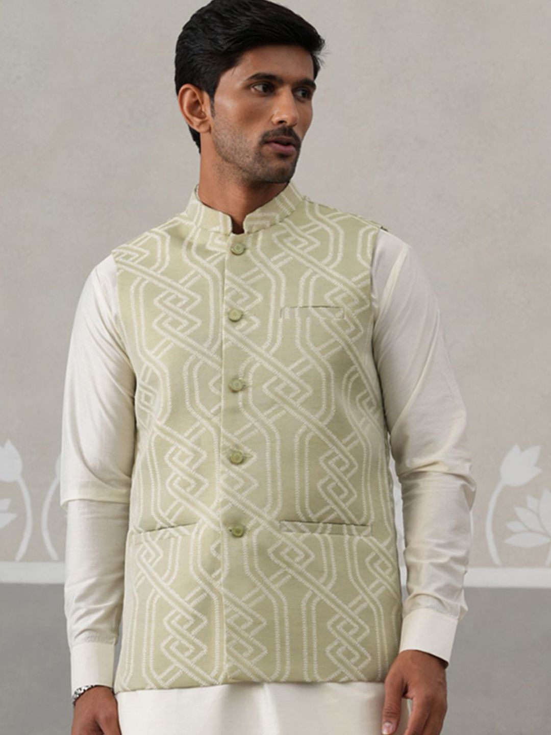 Jompers Geometric Printed Mandarin Collar Satin Nehru Jacket
