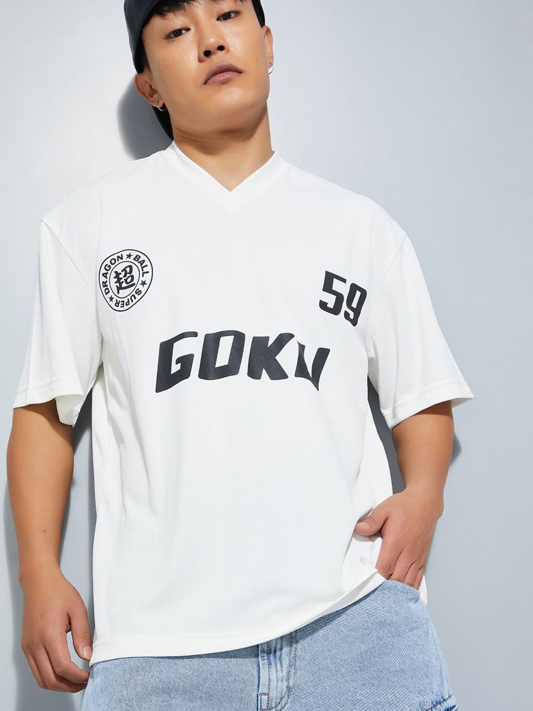max Typography Printed V-Neck Drop-Shoulder Sleeves Oversized T-Shirt