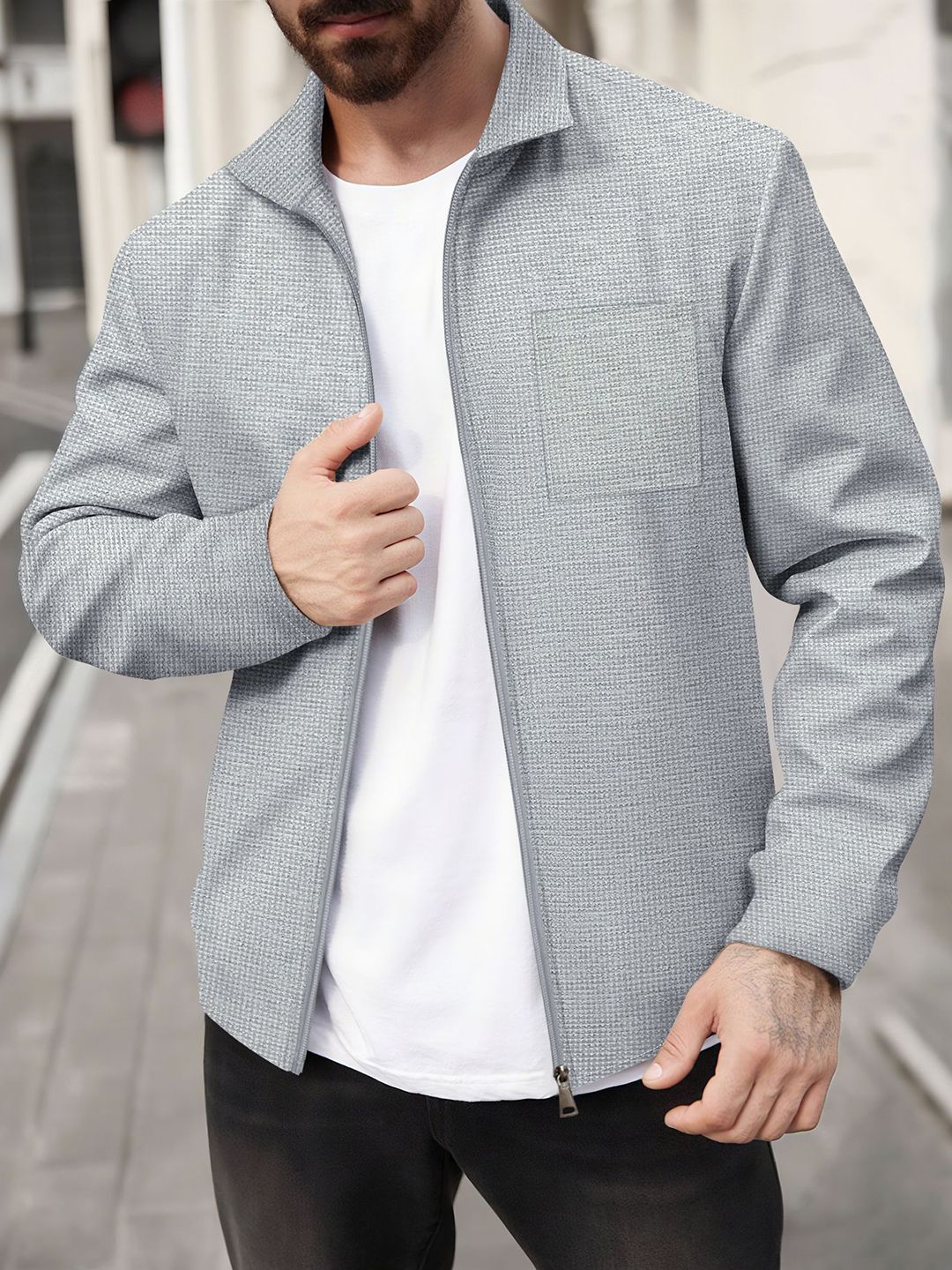 StyleCast x Revolte Men Grey Self Design Jacket