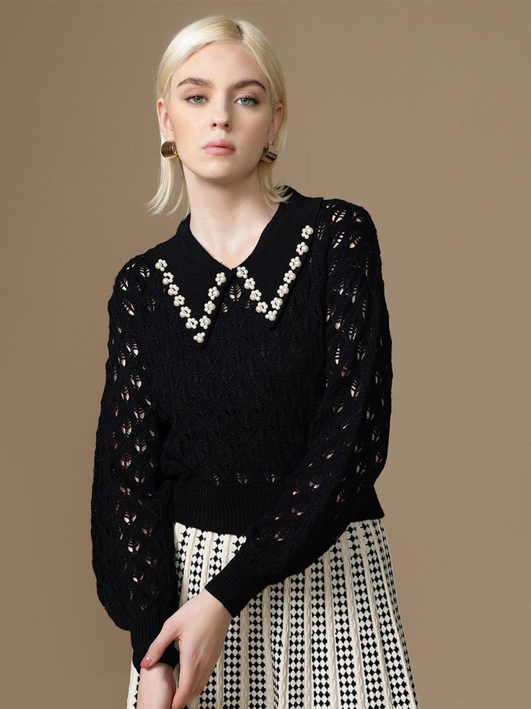 Kazo Women Cable Knit Peter Pan Collar Long Sleeves Pullover Sweaters