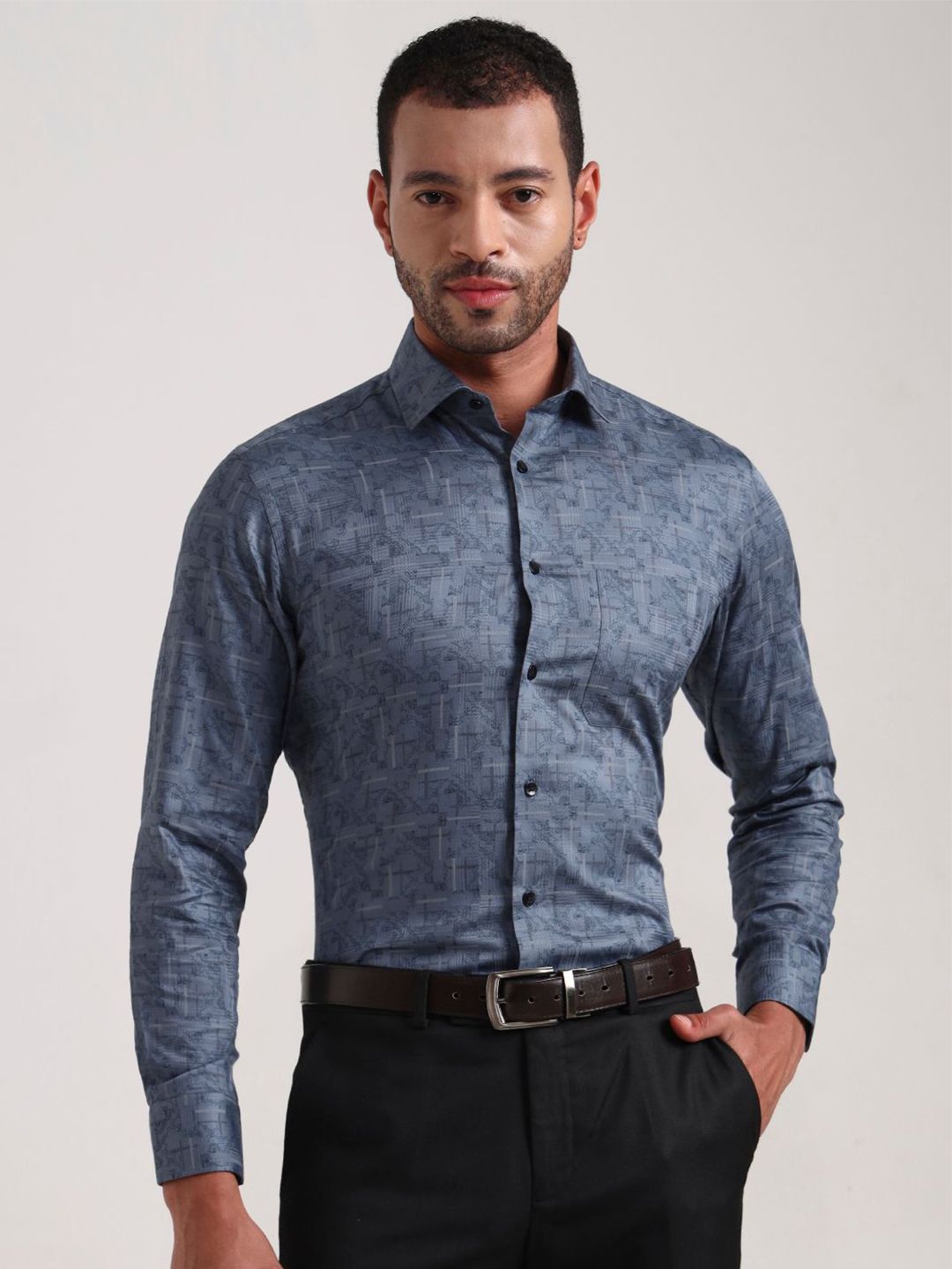 METAL Slim Fit Abstract Printed Spread Collar Cotton Formal Shirt