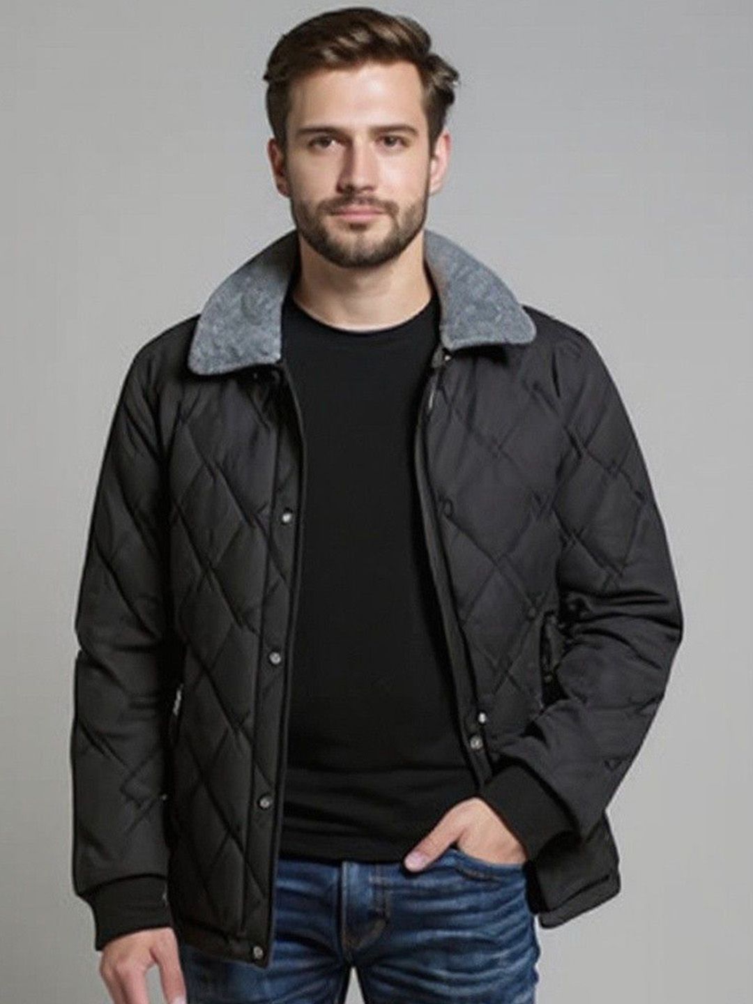 Mast & Harbour Men Spread Collar Solid Quilted Jacket