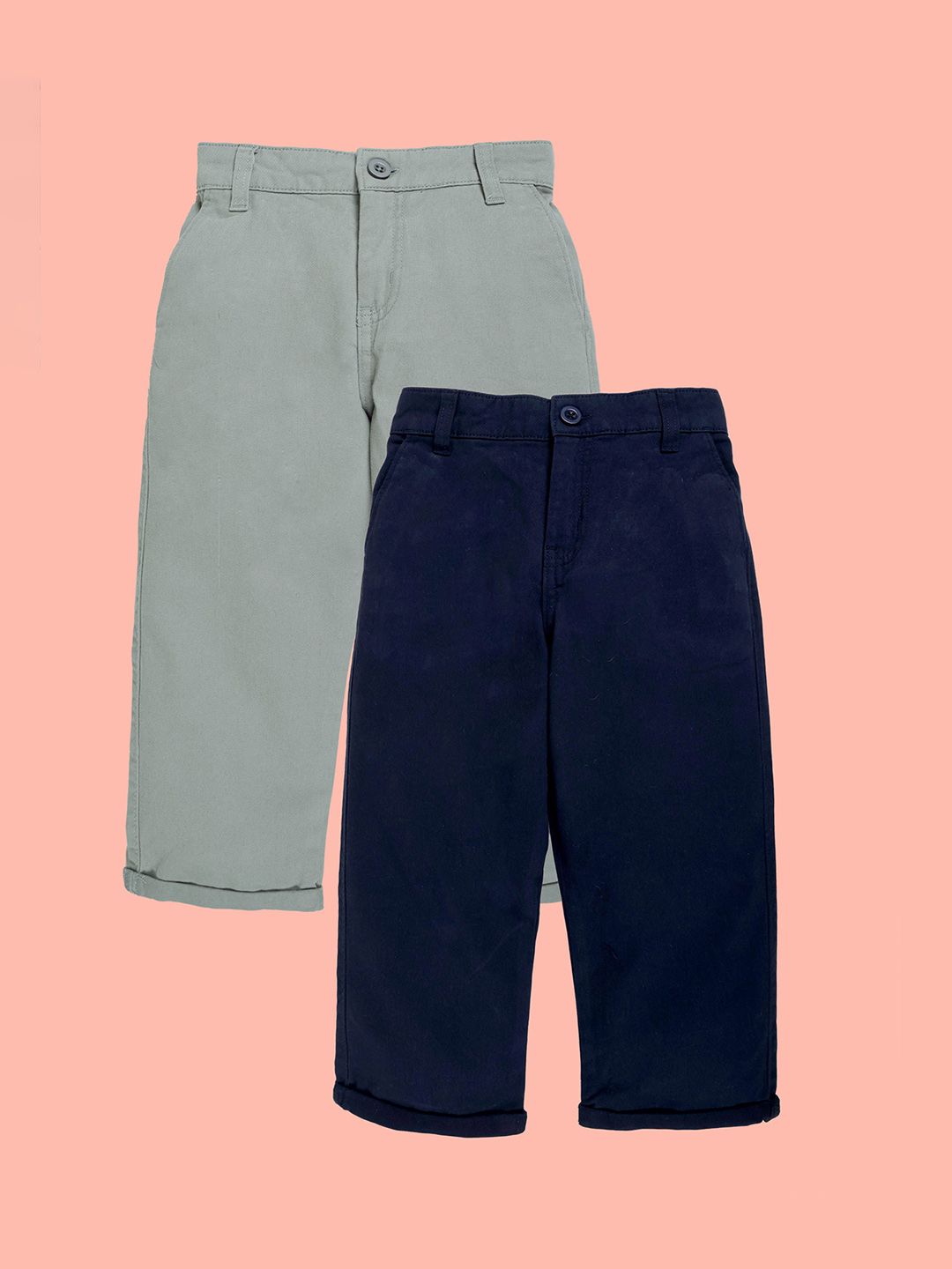 KiddoPanti Boys Pack of 2 Straight Fit Mid-Rise Wrinkle Free Chinos Trousers
