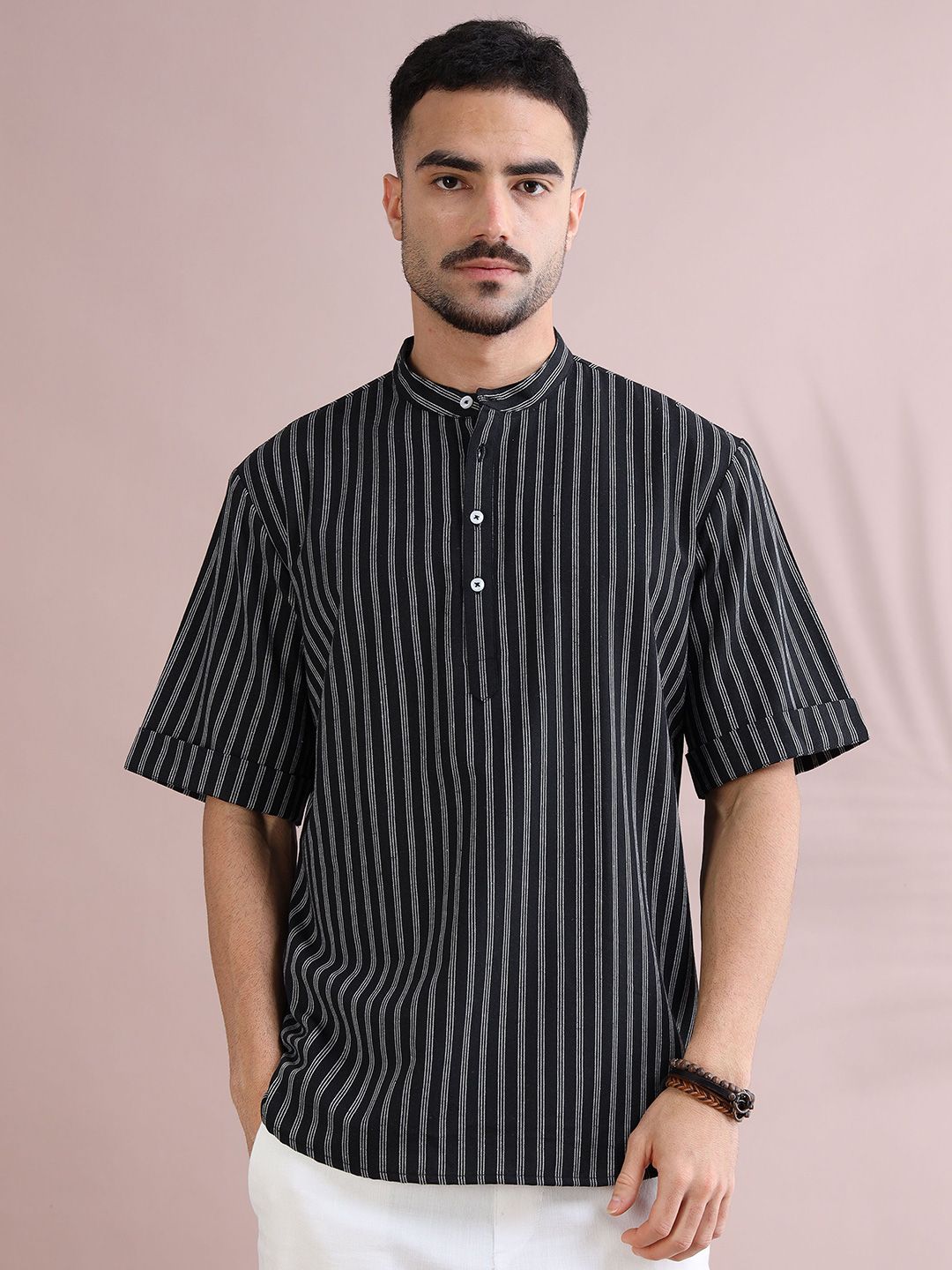 FILORI STUDIO Striped Mandarin Collar Thread Work Pure Cotton Kurta