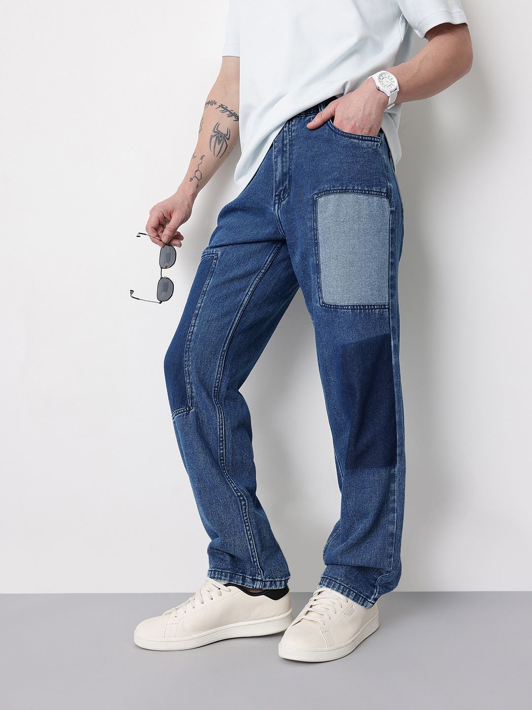Mast & Harbour Men Patchwork Detail Mid-Rise Pure Cotton Straight Fit Jeans