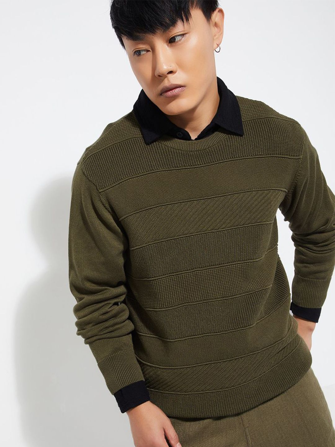 max Men Geometric Round Neck Long Sleeves Cotton Pullover Sweaters