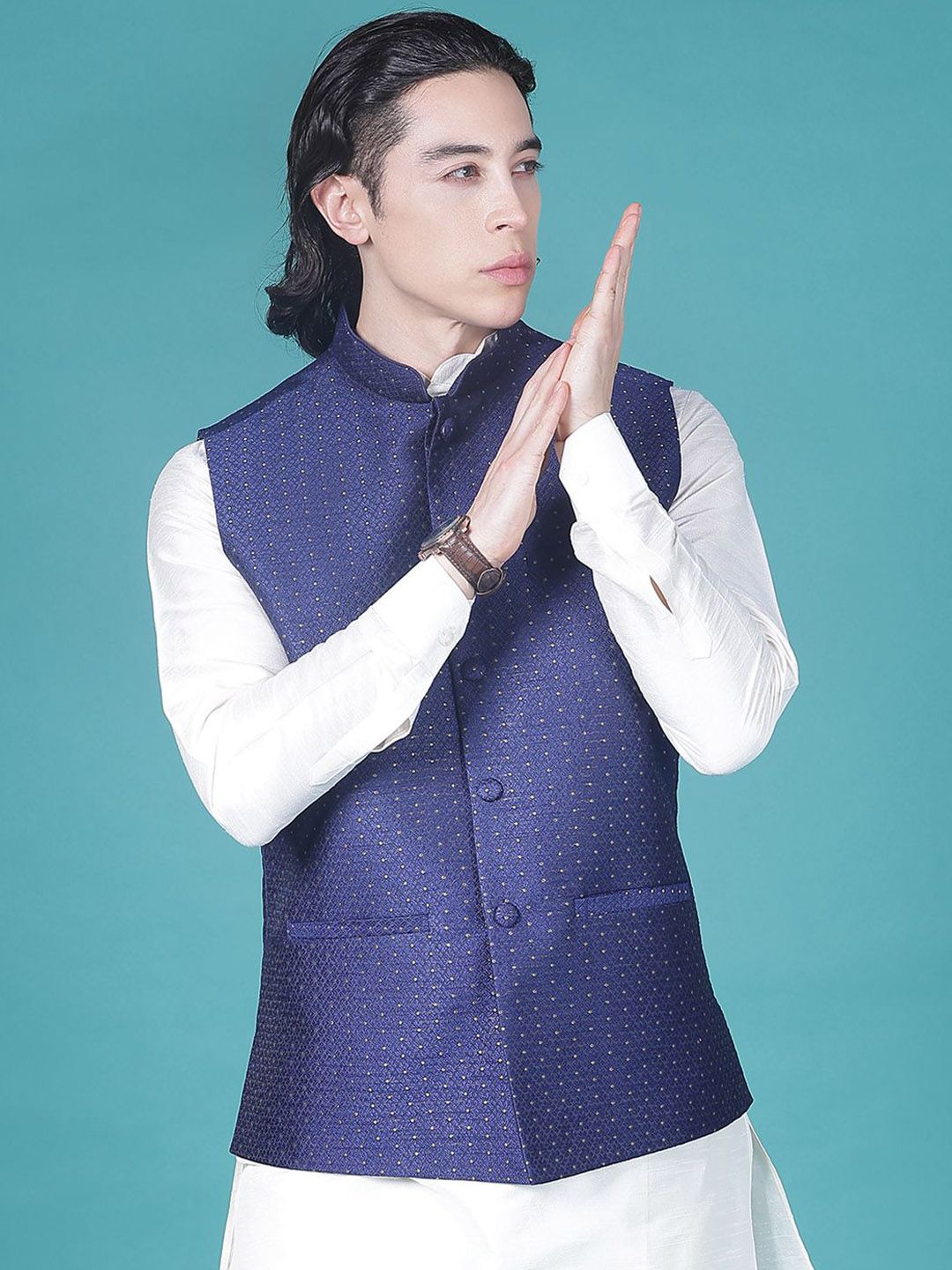 V-Mart Embroidered Mandarin Collar Woven Nehru Jacket