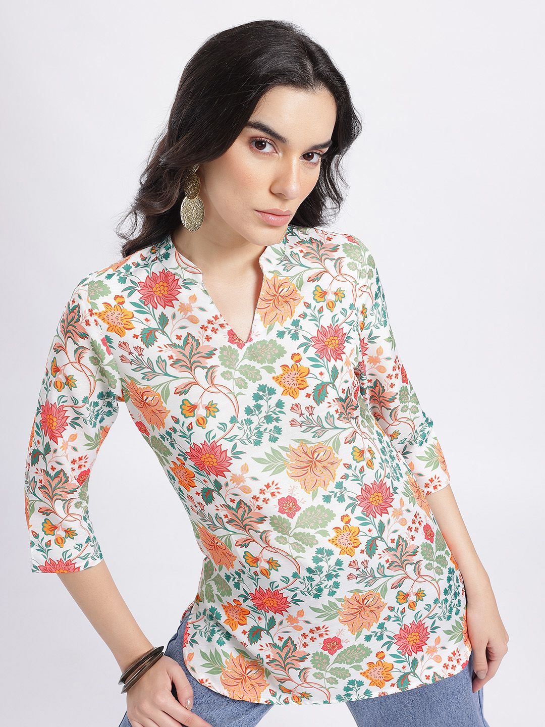 Anouk Rustic Floral Printed Mandarin Collar Straight Kurti