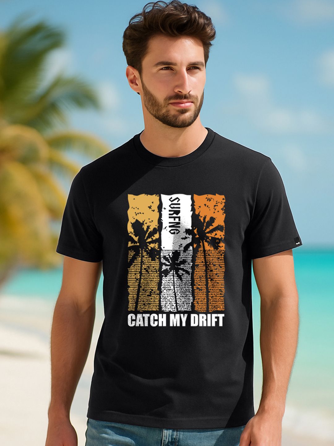 Bewakoof Men Jet Black Surfing Graphic Printed T-shirt