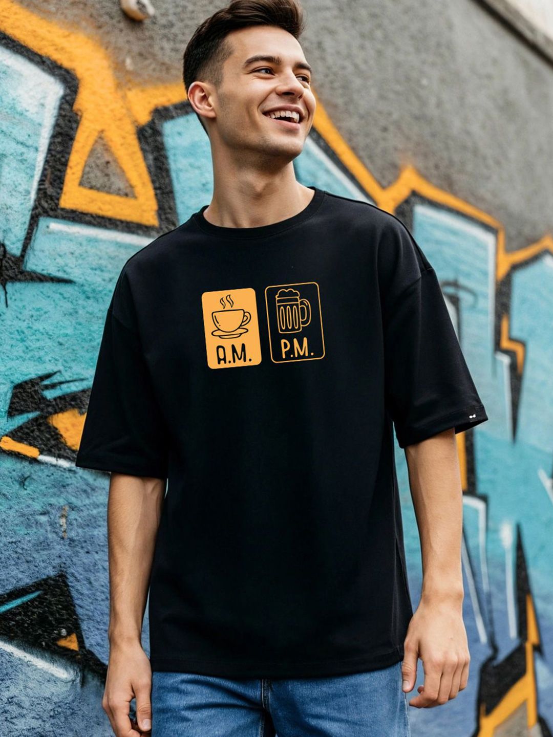 Bewakoof Men Typography Printed Round Neck Cotton Oversized T-shirt