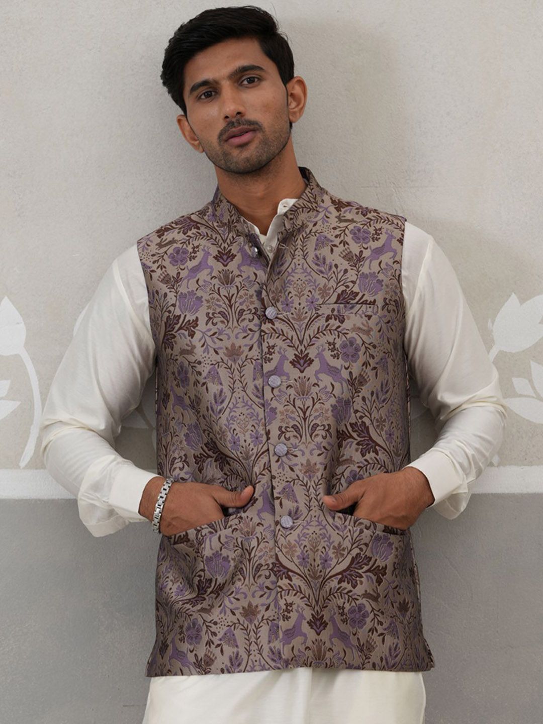 Jompers Woven Design Mandarin Collar Nehru Jacket