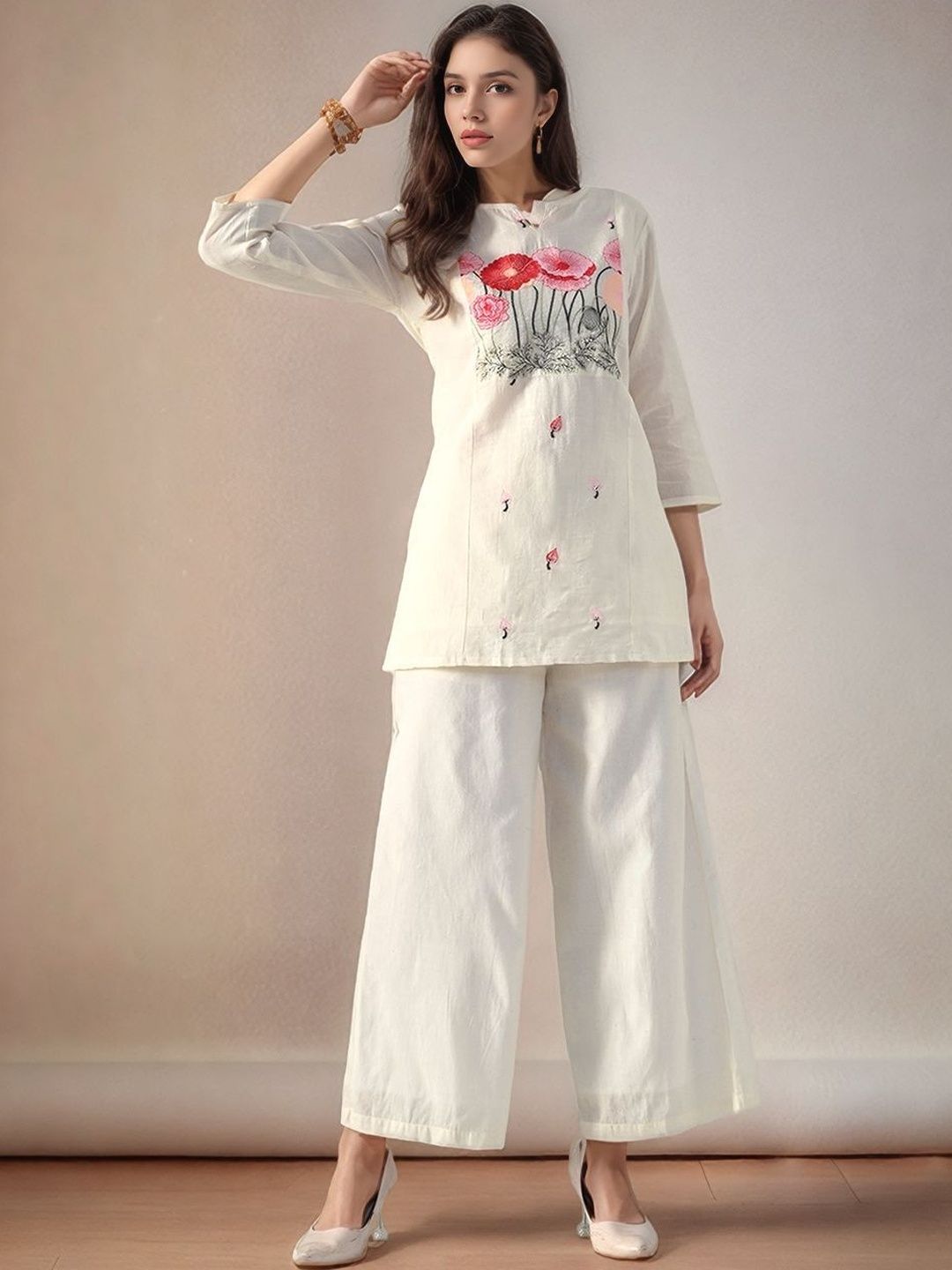 Sangria Women Floral Embroidered V Neck Pure Cotton Tunic & Trousers Co-Ord Set
