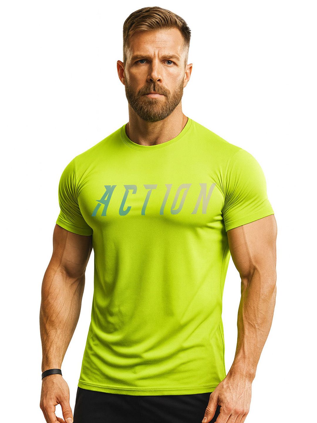 3Colors Green Graphic Printed Muscle Fit Round Neck T-shirt