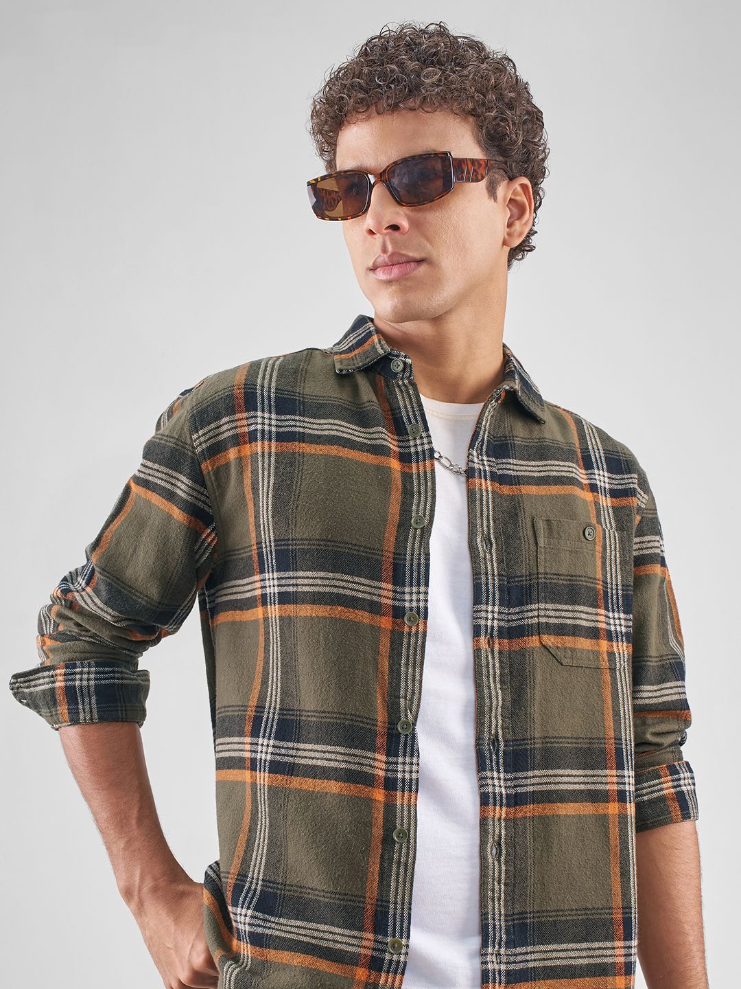 HIGHLANDER Checked Spread Collar Pure Cotton Casual Shirt