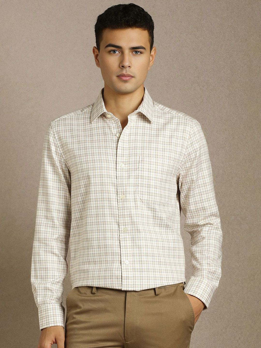 Louis Philippe Louis Philippe Checked Spread Collar Full Sleeves Pure Cotton Formal Shirt