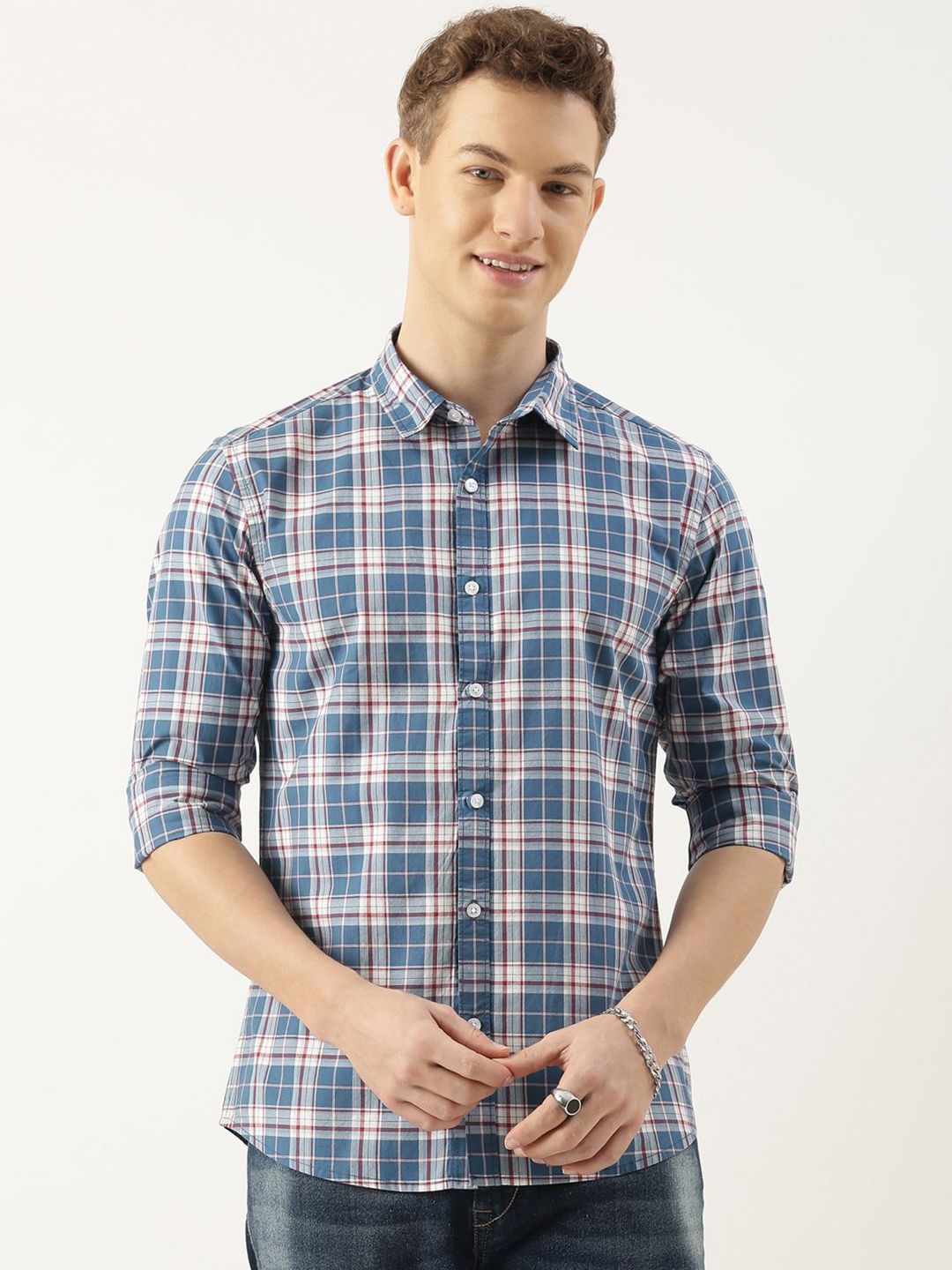 Mast & Harbour Standard Checked Spread Collar Cotton Casual Shirt