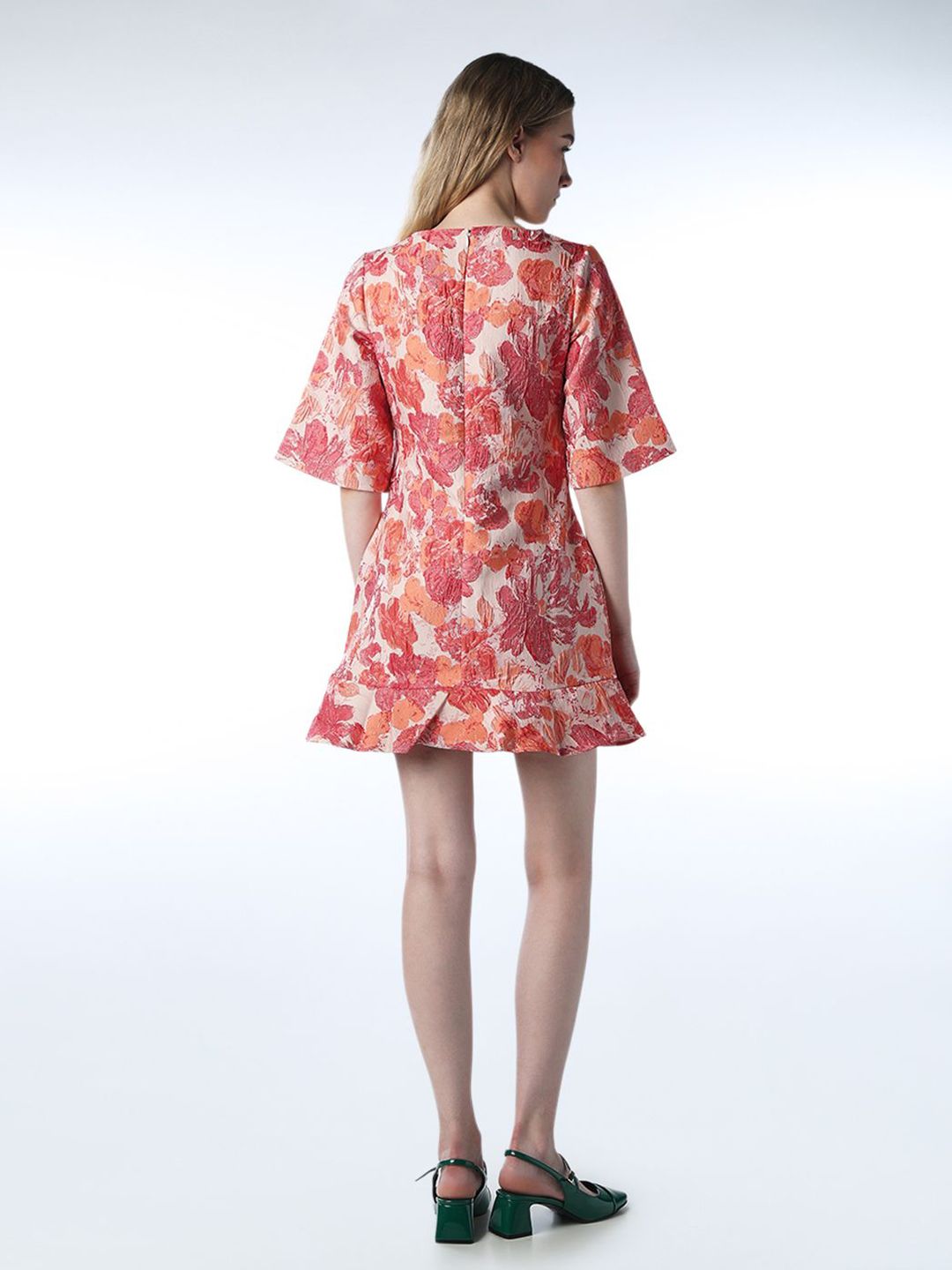 Floral Printed Square Neck Flared Sleeves Jacquard Mini Shift Dress