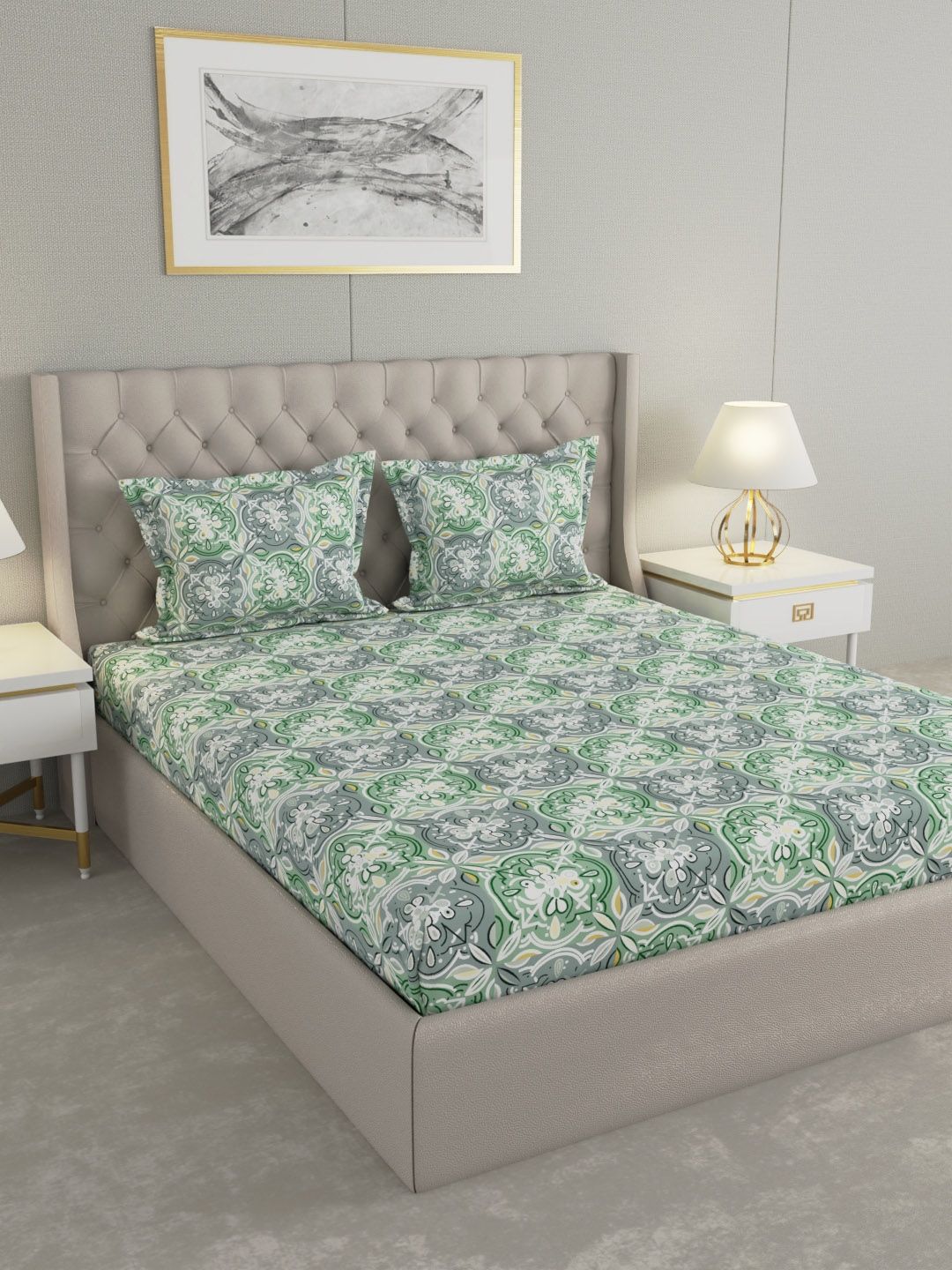 Raymond Home Raymond Home Grey & Green Printed 100TC Double Queen Bedsheet Set 2.25 m x 2.50 m