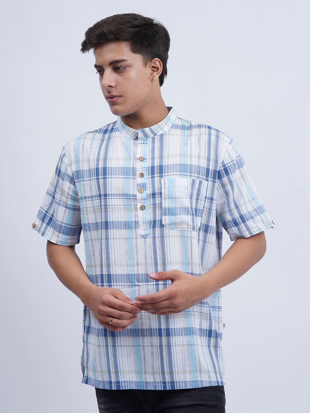 Cot'N Soft Men Checked Mandarin Collar Straight Kurta
