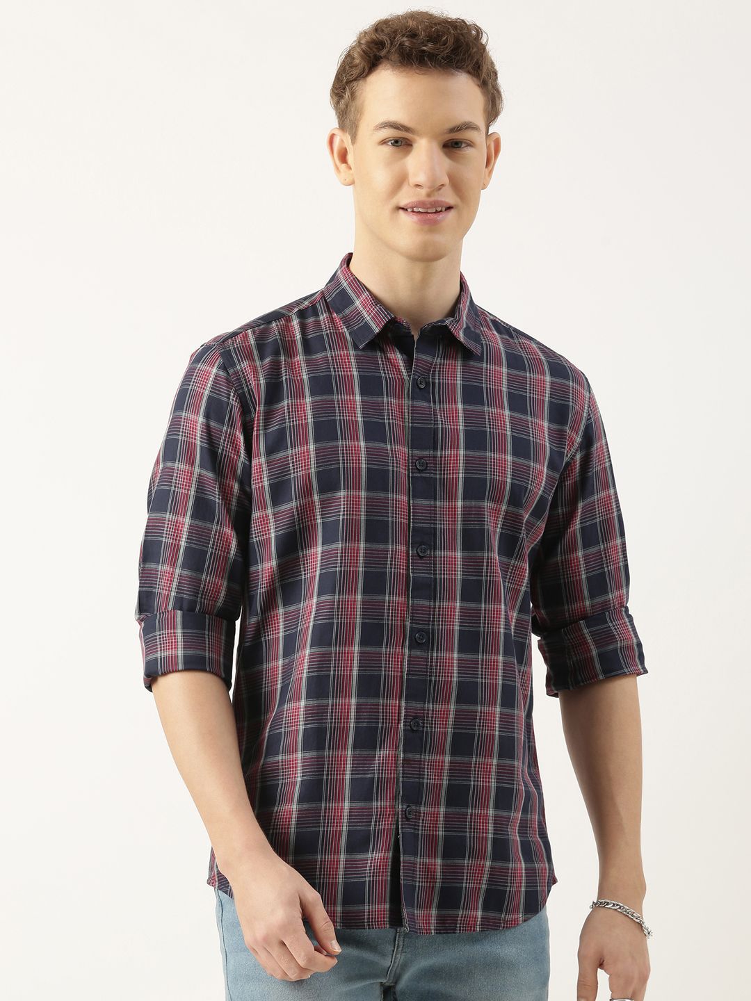 Mast & Harbour Standard Tartan Checked Spread Collar Pure Cotton Shirt