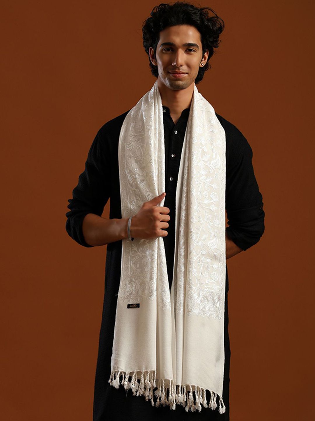 Tweedle Men Kashmiri Aari Embroidery Stole with Fringed Border