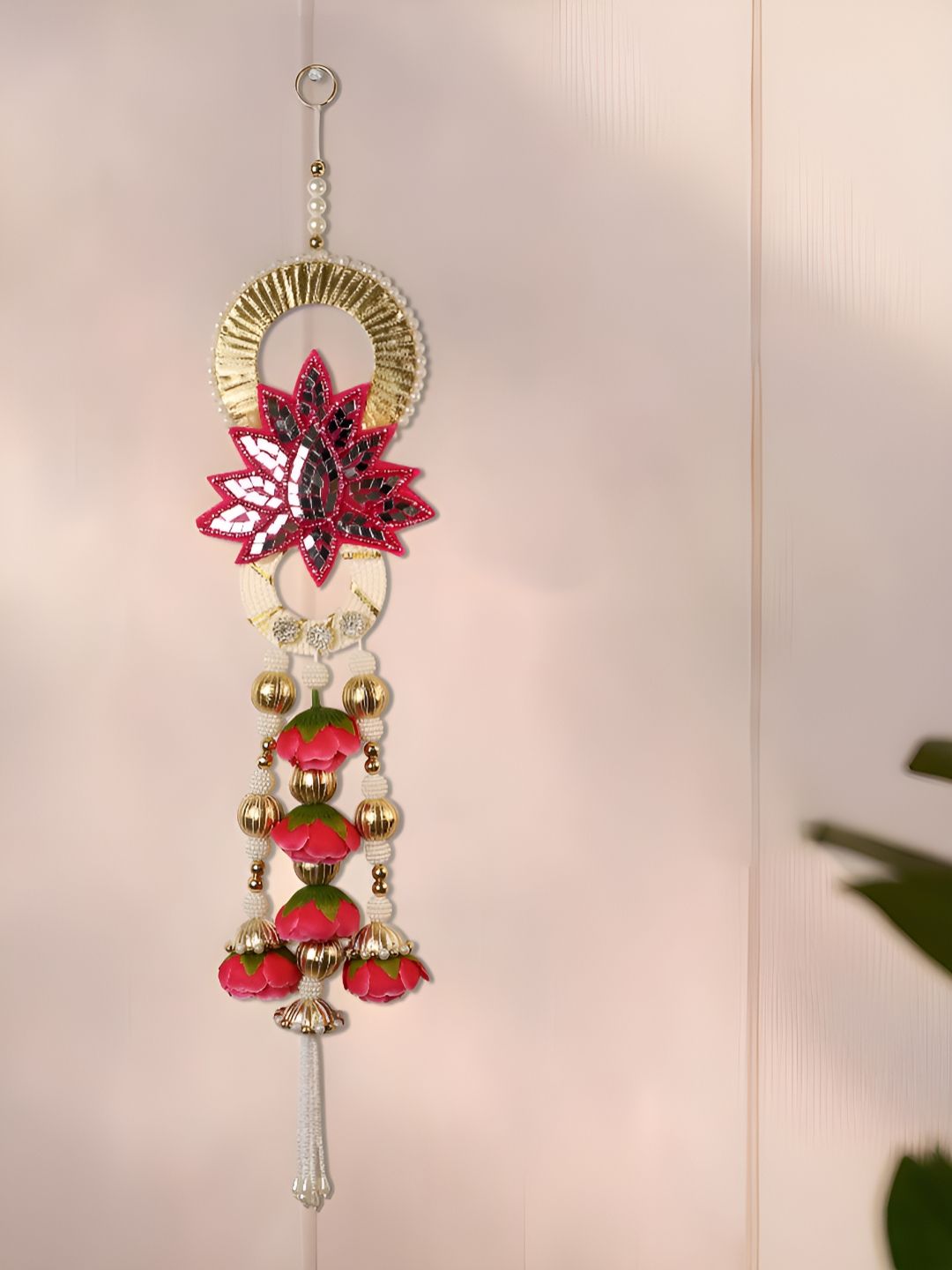 Art Street Pink & Gold-Toned Lotus Windchimes With Mirror Work