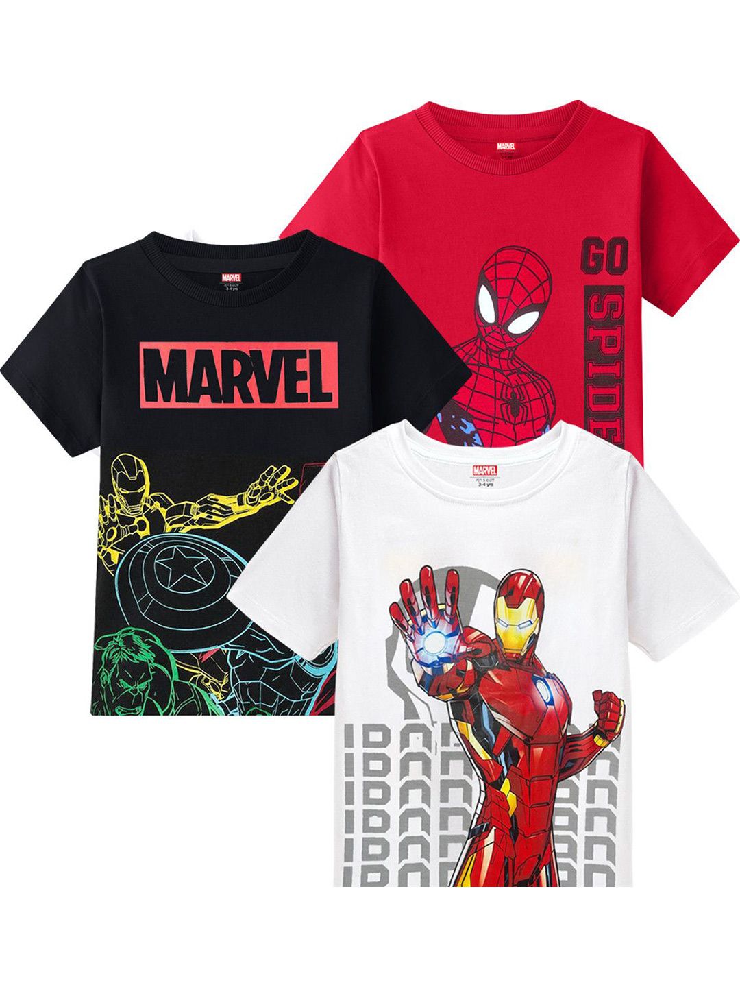 Pack of 3 Cotton T-shirts YK Marvel Boys Pack of 3 Iron Man & Spiderman Bio Finish Graphic Printed Cotton T-shirts
