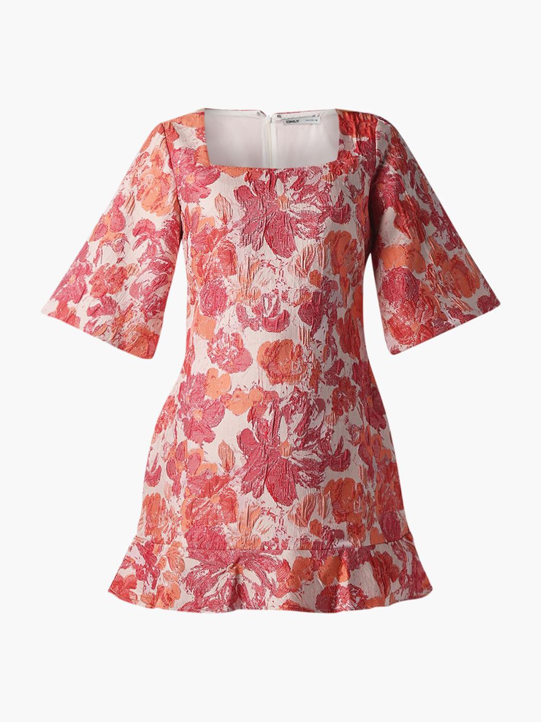 Floral Printed Square Neck Flared Sleeves Jacquard Mini Shift Dress