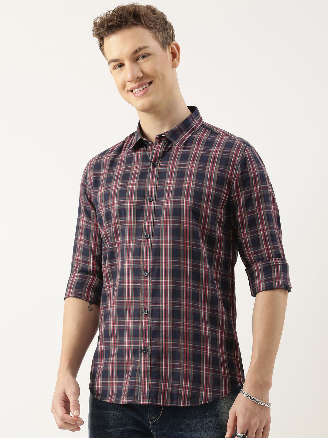 Mast & Harbour Men Standard Fit Checked Spread Collar Cotton Casual Shirt