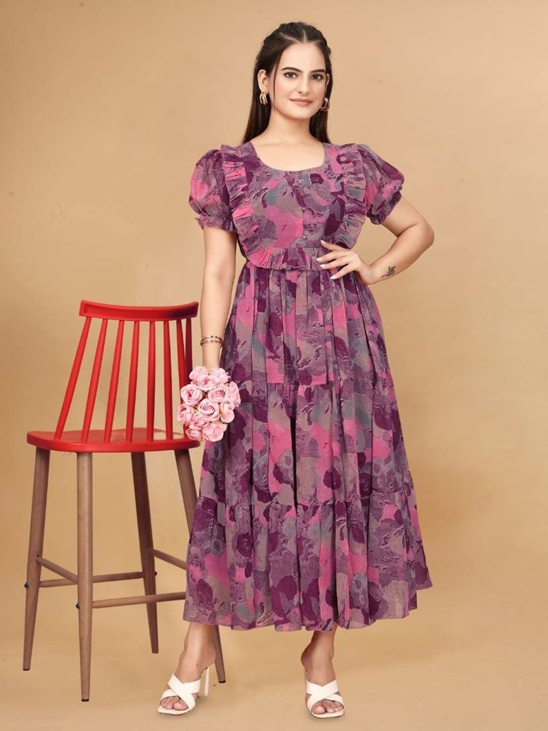 Buy Zanies Abstract Printed Ruffles Fit & Flare Midi Dress
