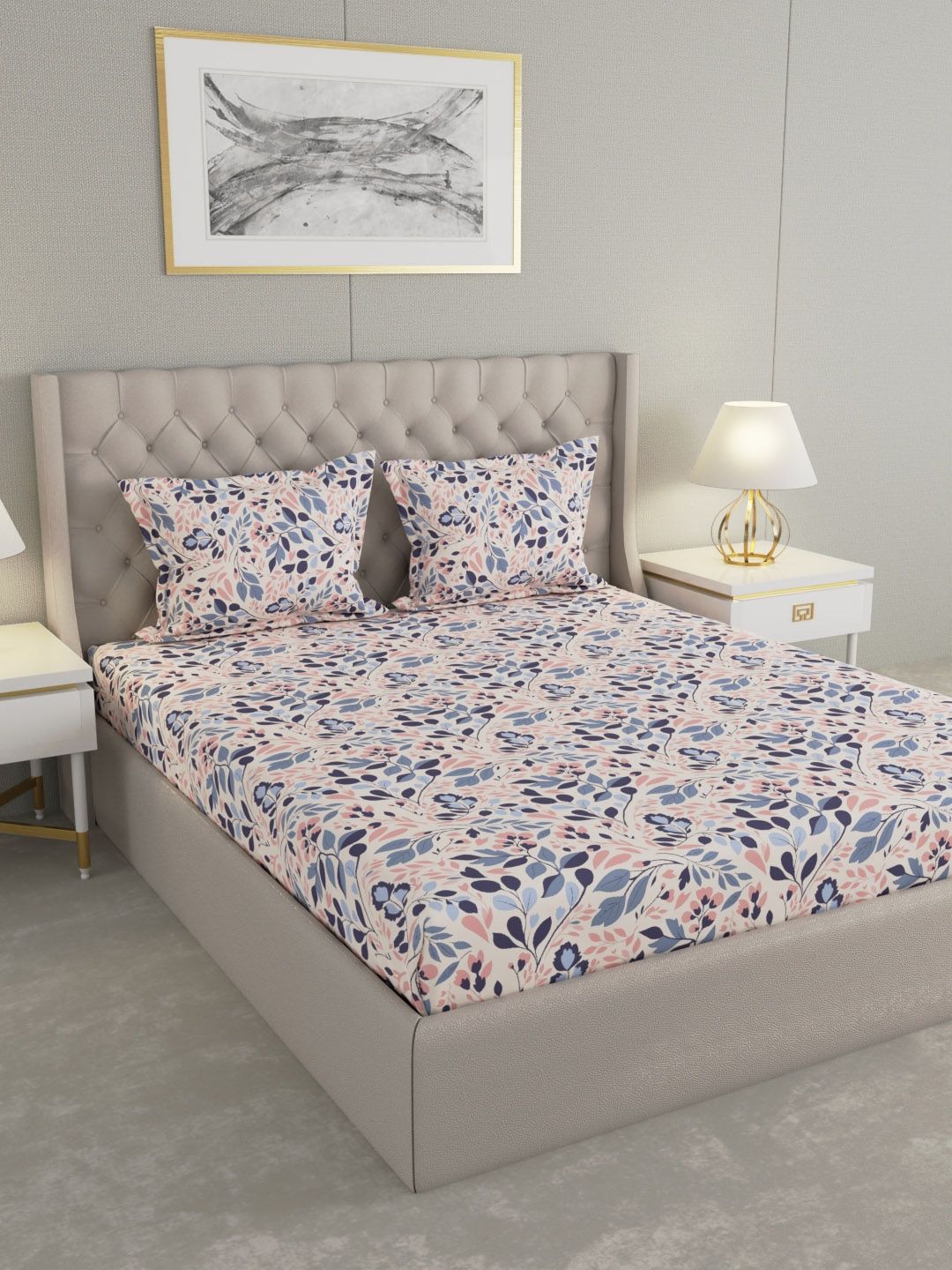 Raymond Home Raymond Home Cream colored & Blue Printed 100TC Double Queen Bedsheet Set 2.25 m x 2.50 m