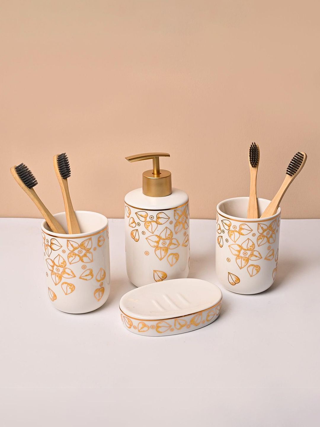 MARKET99 White & Gold-Toned 4 Pieces Leaf Design Ceramic Shower Holders