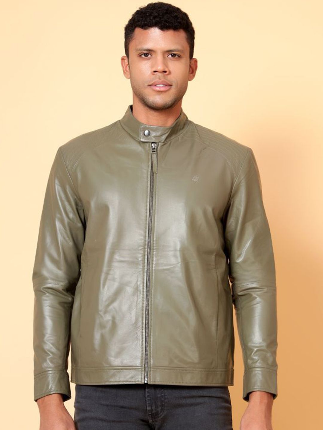 Tortoise Men Mandarin Collar Solid Lightweight Leather Jacket