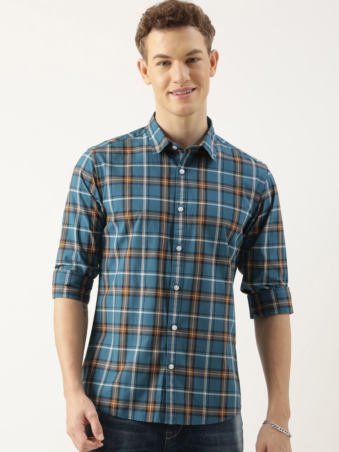 Mast & Harbour Standard Tartan Checks Checked Spread Collar Pure Cotton Shirt