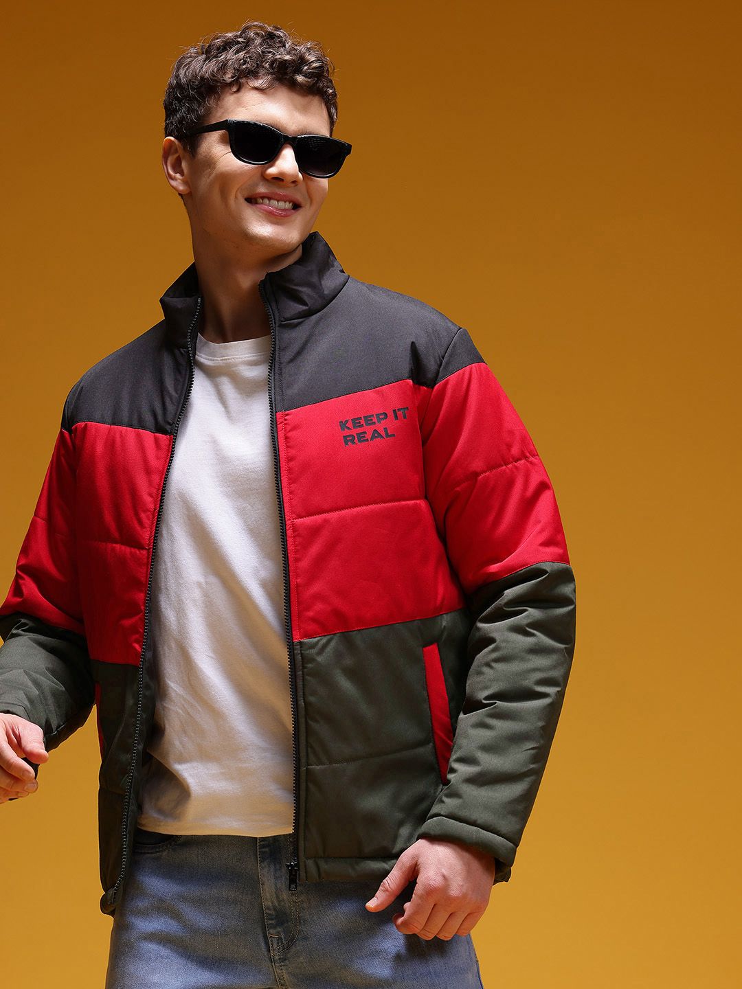 HERE&NOW Men Colorblocked Mock Collar Padded Jacket