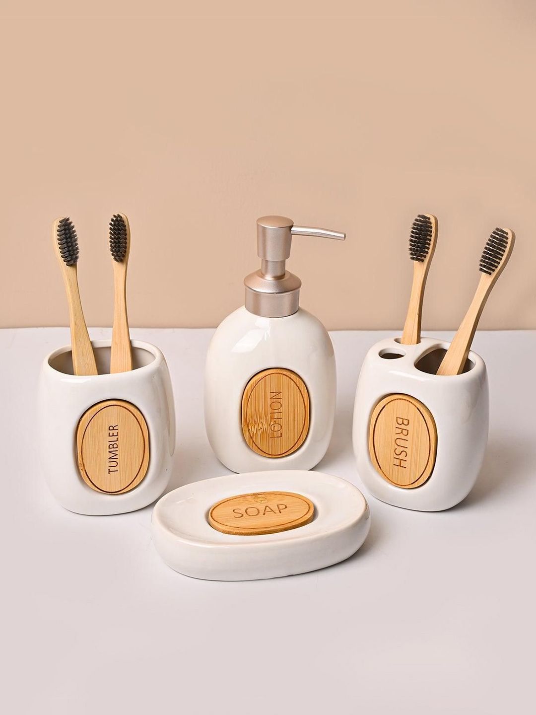 MARKET99 White & Brown 4 Pieces Ceramic Bath Accessories Set