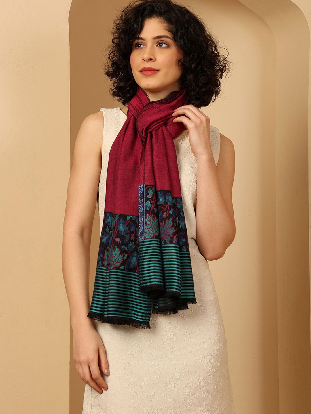 Tweedle Women Floral Woven Design Stole with Fringed Border